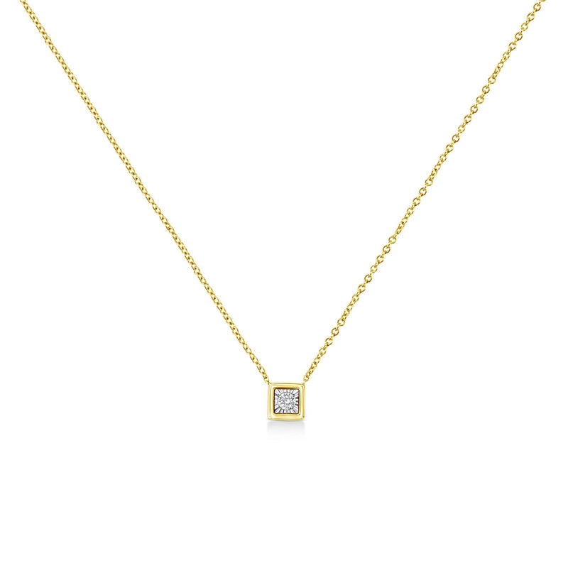 10K Yellow Gold Plated .925 Sterling Silver 1/10 Cttw Miracle Set Round Diamond Square Box Shape 18" Pendant Necklace (K