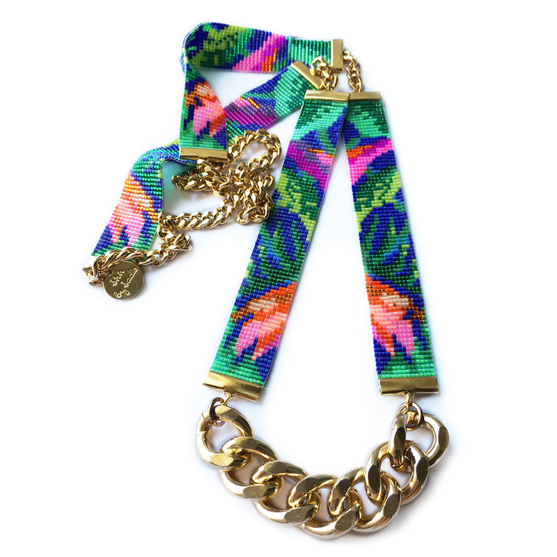 Tropic Exotic Floral Jungle Print Beaded Necklace