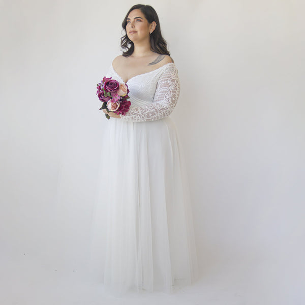 Curvy  Ivory Off the Shoulder Lace Wrap Wedding Dress With Tulle  #1325