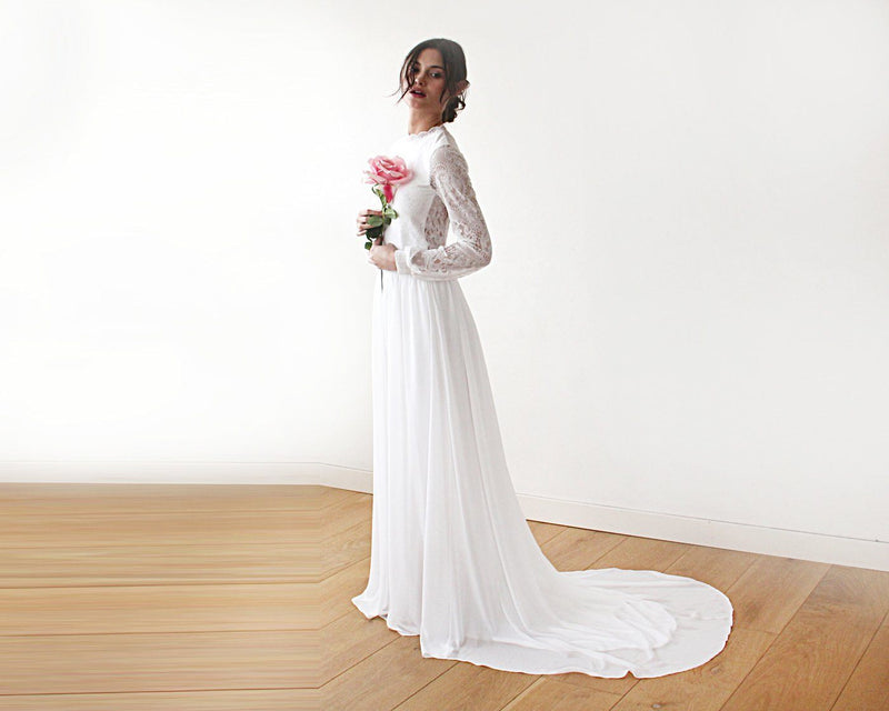 High Neck & Open Back Wedding Dress, Ivory Train Dress With Open Back 1181