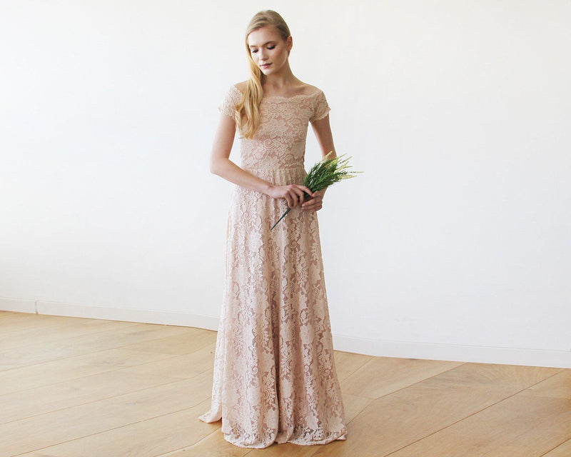 Off-The-Shoulder Blush Pink Short Sleeves Lace Maxi Dress 1142