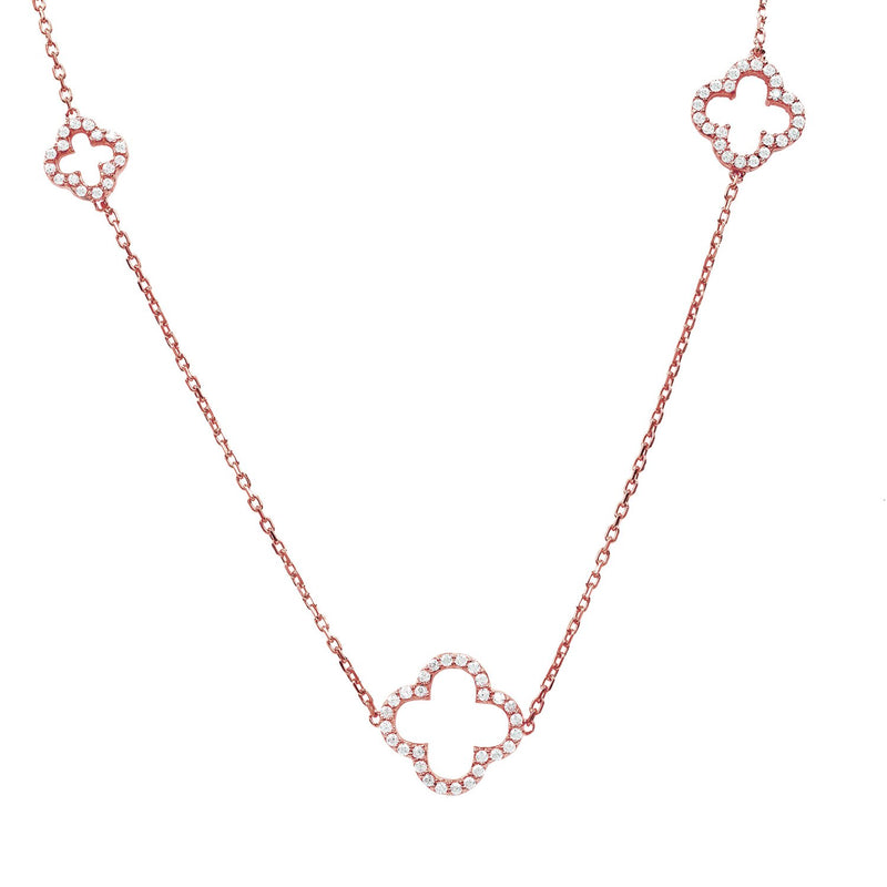Open Clover Long White CZ Necklace Rosegold