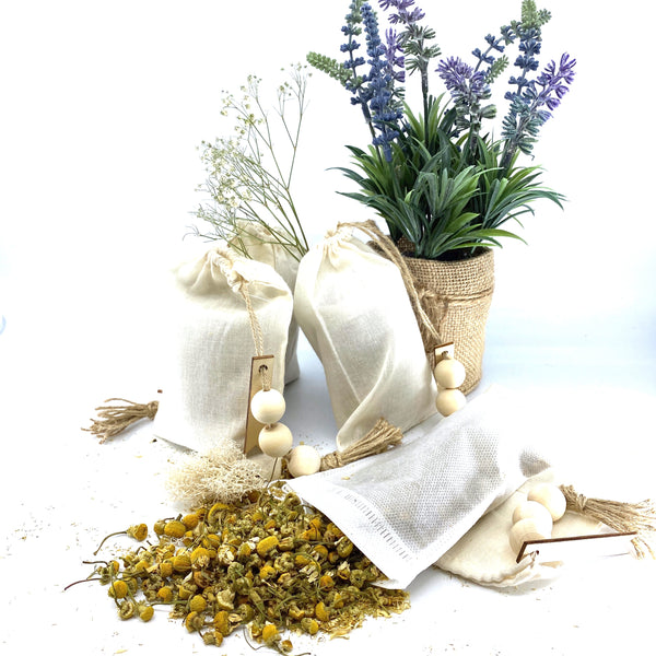 100% Naturally Dried Chamomile Flowers, Jute & Wooden Beaded Drawstring Sack, 1/2 Oz