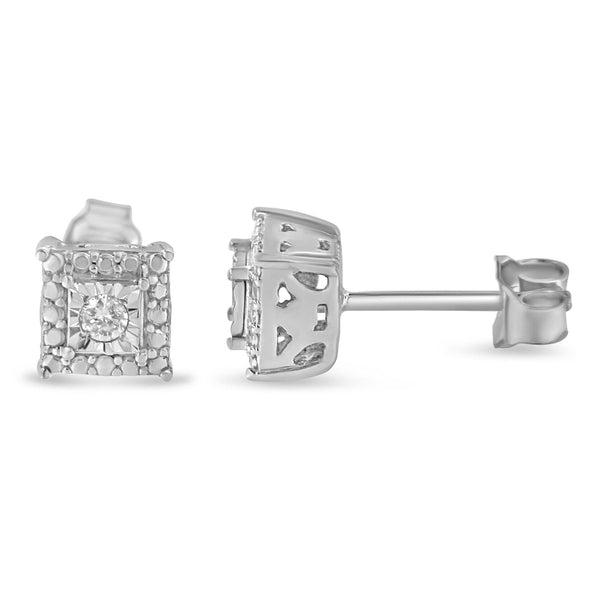 .925 Sterling Silver 1/10 Cttw Round Brilliant-Cut Near Colorless Diamond Miracle-Set Beaded Square Stud Earrings (H-I C