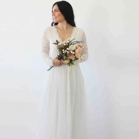 Ivory Lace Long Sleeves Wedding Dress With Pockets  #1266