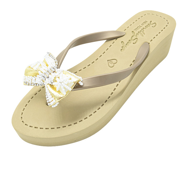 High Line -  Pearl & Gold Bow Embroidery Mid Wedge Flip Flops Sandals