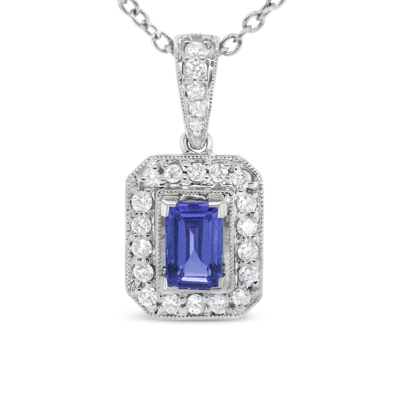 White Gold 1/4 Cttw Round Diamond & Purple Tanzanite Halo 18" Pendant Necklace