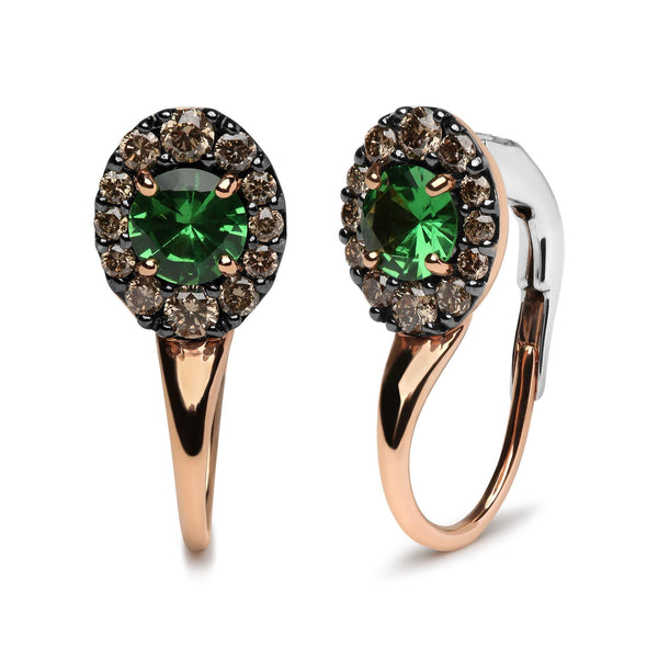 Round Diamonds and Tsavorite Gemstone Halo Drop Hoop Earrings