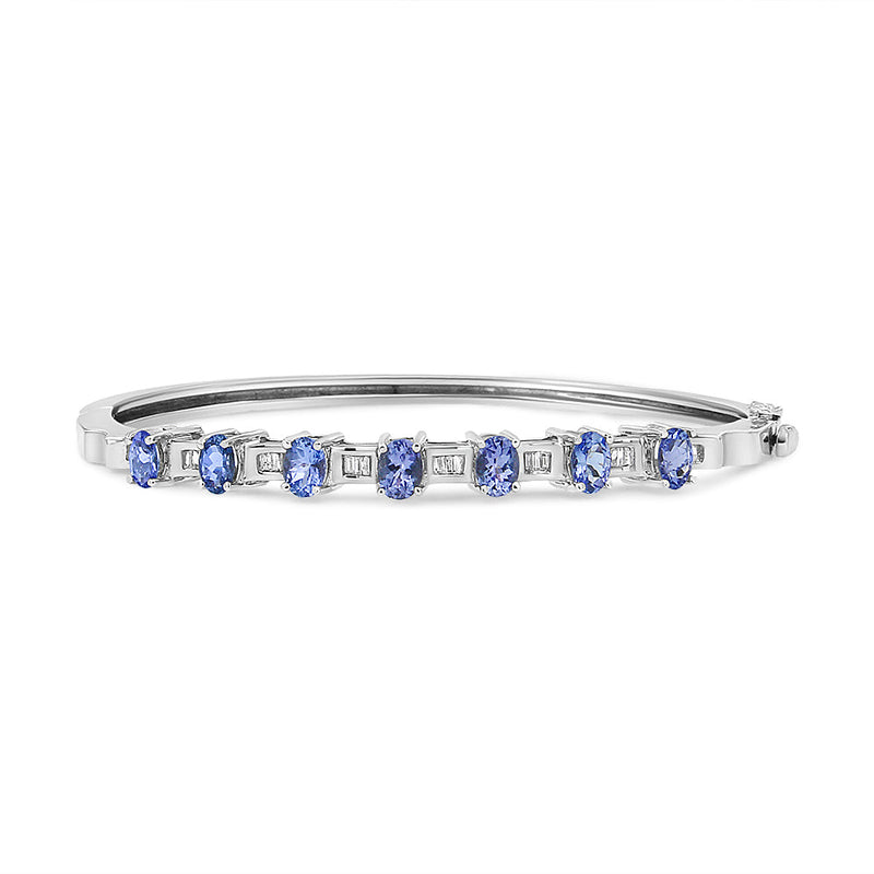 14K White Gold 5 MM Oval Blue Tanzanite and 1/4 Cttw Diamond Bangle (H-I Color, VS2-SI1 Clarity) - Fits Wrists Up to 7 1