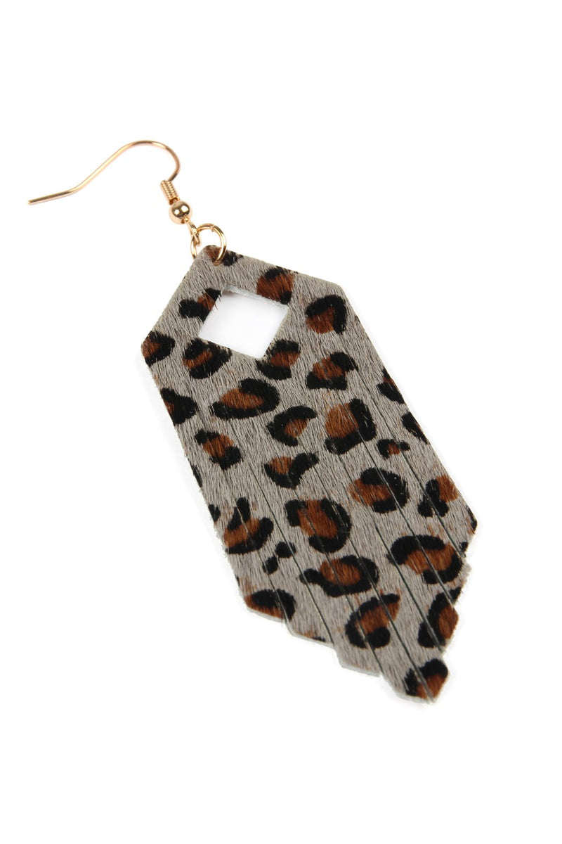 Hde2435 - Fringe Hexagon Leopard Leather Hook Earrings