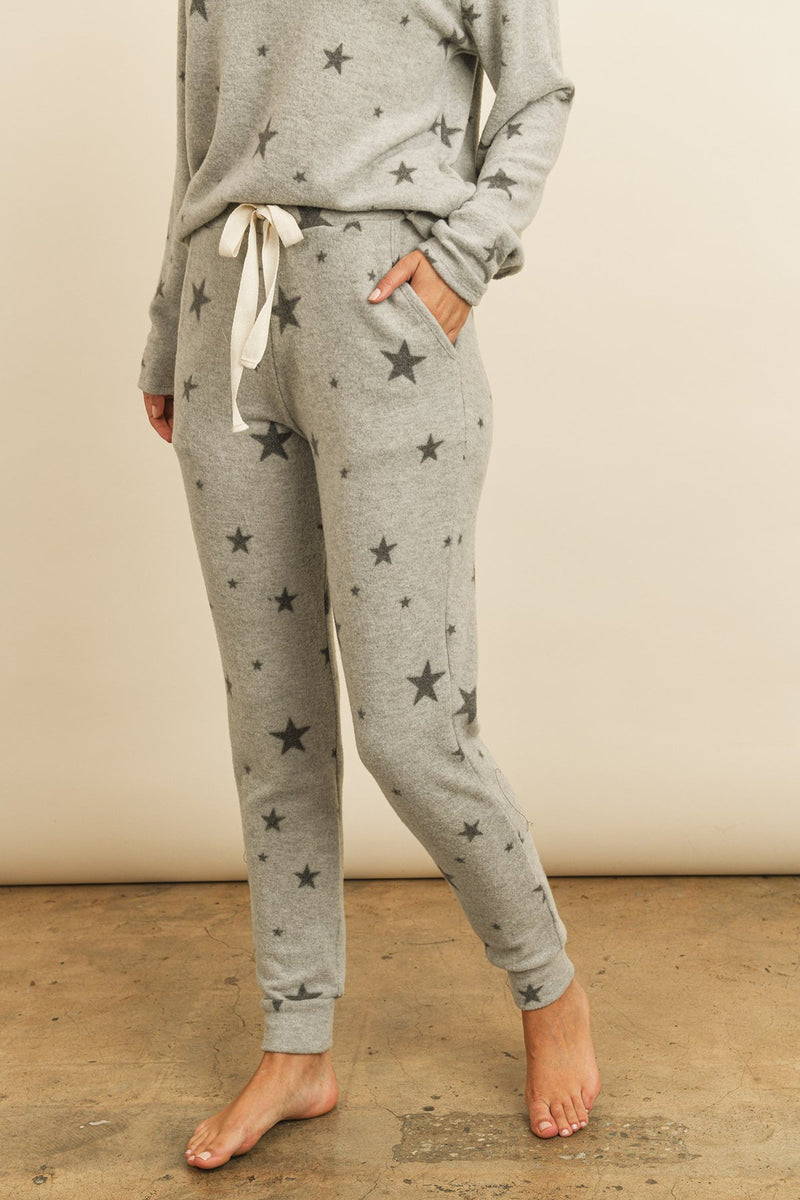 Star Print Brushed Top and Joggers Set With Self Tie