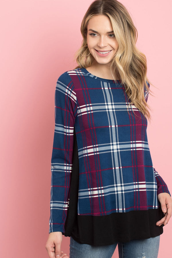 Solid Hem and Side Contrast Plaid Top