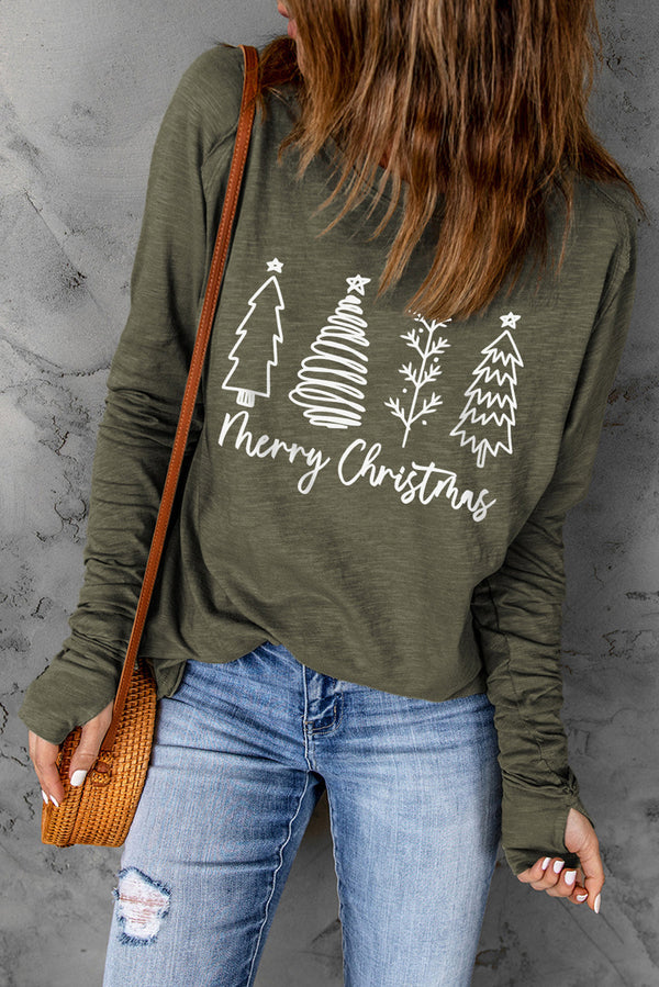 Thea Merry Christmas Trees Thumbhole Sleeve Graphic Tee