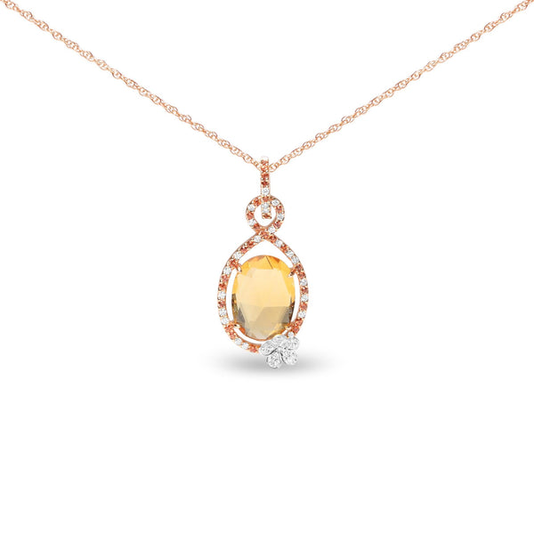 18K Rose Gold 1/5 Cttw Diamond and Oval Yellow Citrine and Round Orange Sapphire Gemstone Openwork Halo Teardrop With Fl