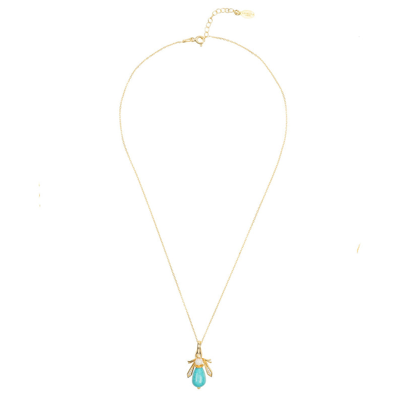 Turquoise & Pearl Gemstone Bee Pendant Necklace Gold
