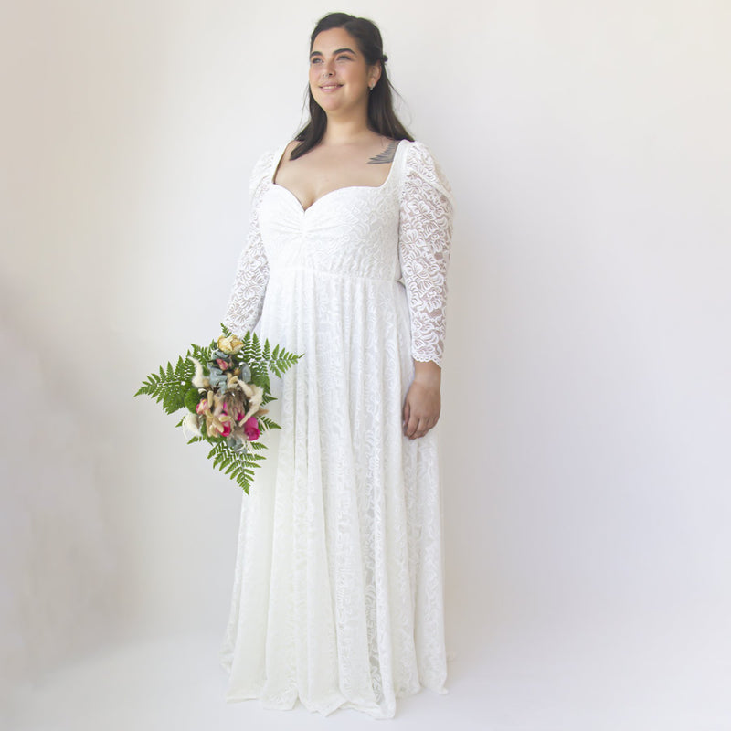Curvy Ivory Sweetheart Wedding Dress With Puffy Sleeves #1333