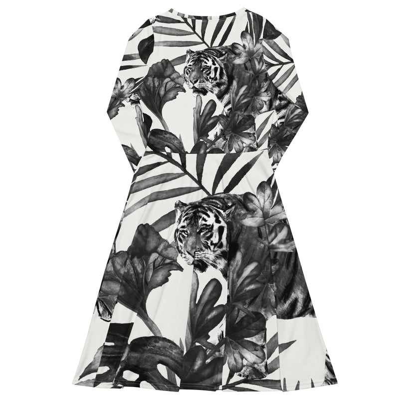 TIGER PRINT-All-over print long sleeve midi dress