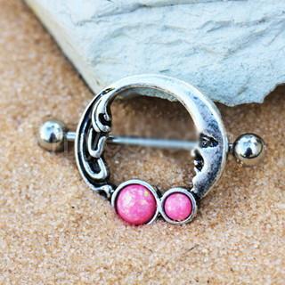 316L Stainless Steel Crescent Moon Nipple Ring With Pink Synthetic Opal
