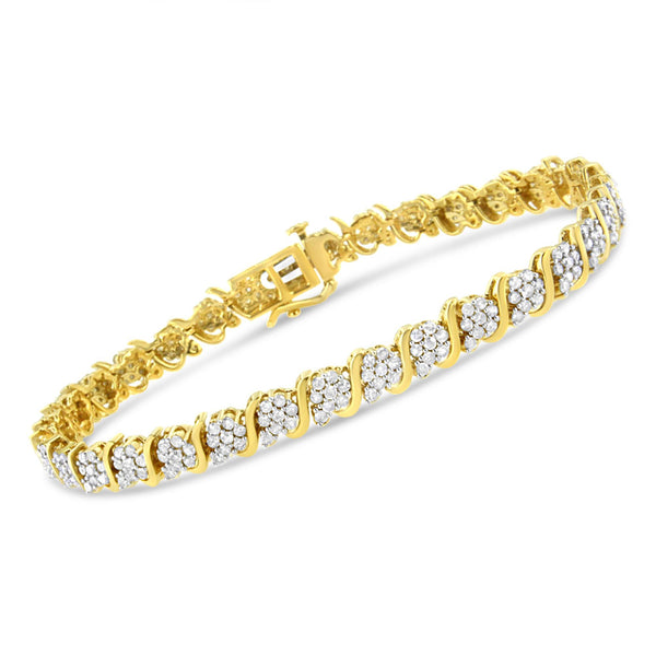 14K Yellow Gold Plated .925 Sterling Silver 3.00 Cttw Diamond Alternating Flower Cluster and "S" Link Tennis Bracelet (L