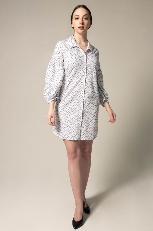 Shirt Dress With Oversized Sleeves in White Floral