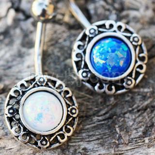 316L Stainless Steel Antique Navel Ring With Adorned Synthetic Opal