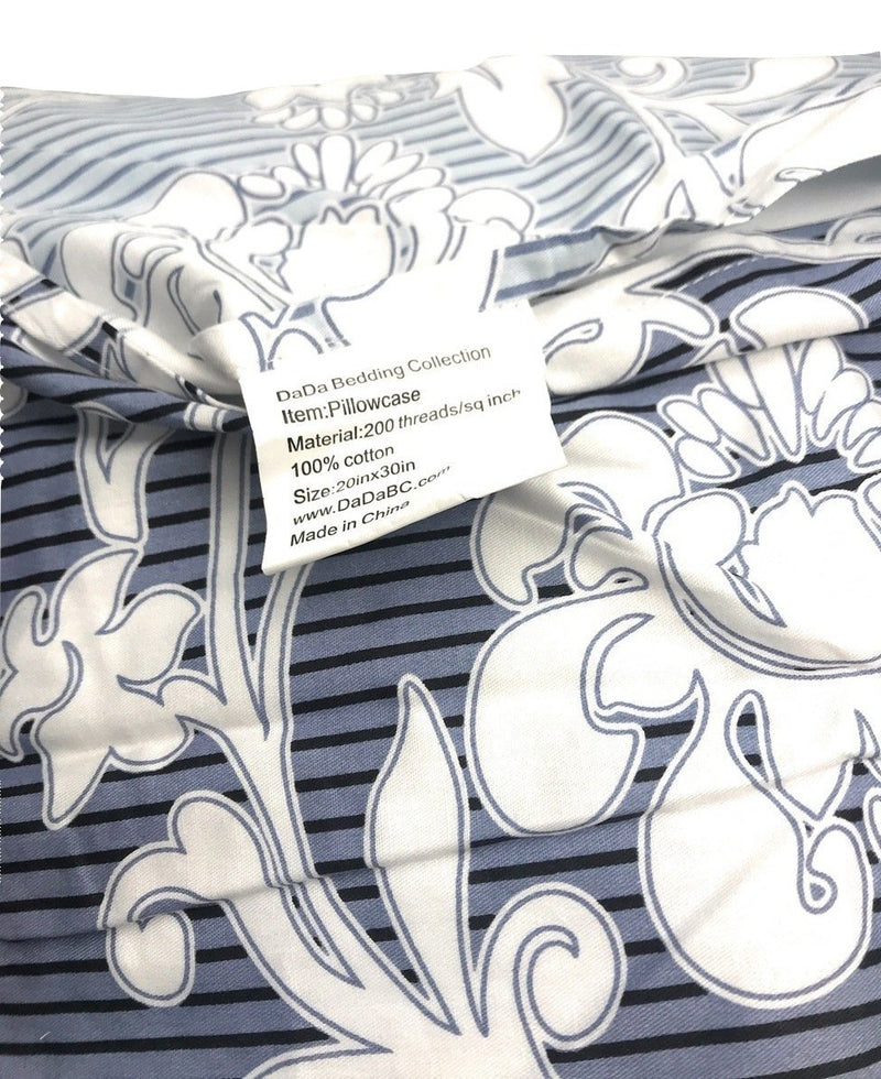 DaDa Bedding Navy Blue Floral Striped Fitted Sheet & Pillow Cases Set (FTS8153)