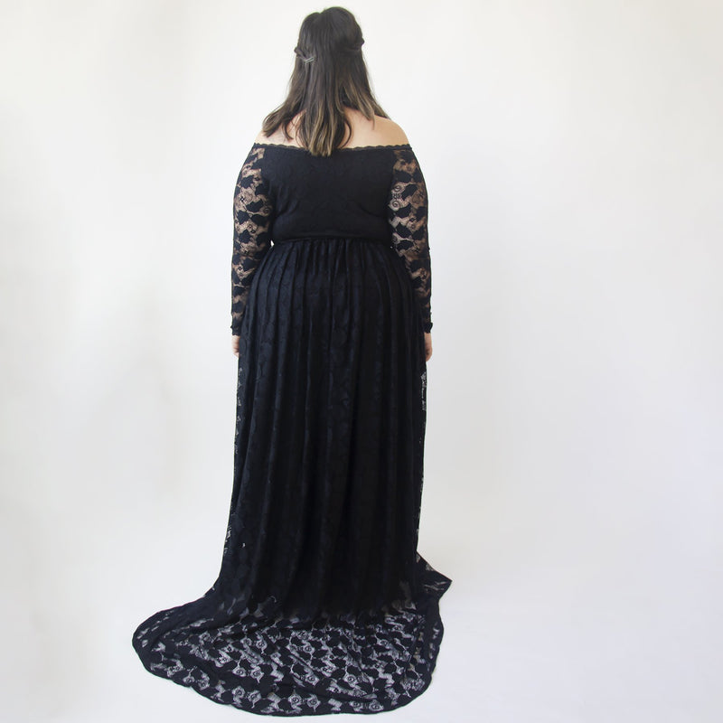 Black Sweetheart Train Off the Shoulder Lace Wrap Wedding Dress  With Pockets  #1335