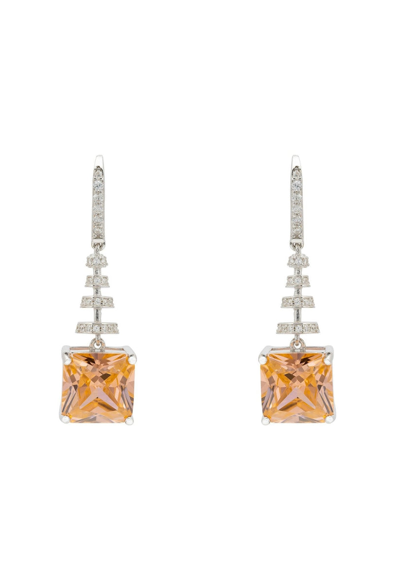 Spiral Square Crystal Drop Earrings Peach Silver
