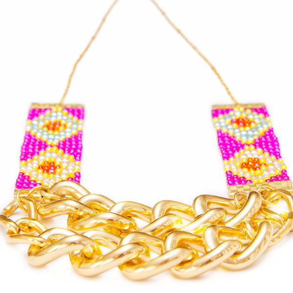 Priestess Woven Beaded Necklace - Pink and Gold