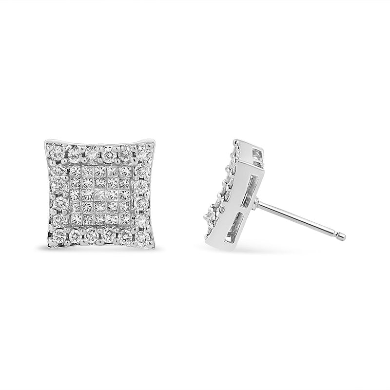 14K White Gold 1.00 Cttw Princess and Round-Cut Diamond Square Stud Earrings (G-H Color, SI1-SI2 Clarity)