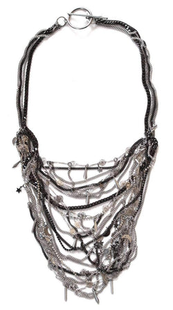 Bib Necklace With Crystals and Brass Chains. Black Bib Necklace. Silver Bib Necklace.