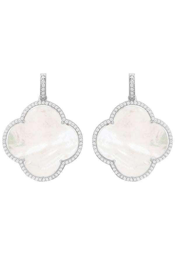 Open Clover Large Mother of Pearl Gemstone Earrings Silver