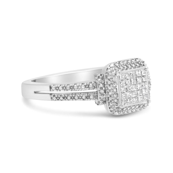 .925 Sterling Silver 1/4 Cttw Princess-Cut Diamond Composite Ring With Beaded Halo (H-I Color, SI1-SI2 Clarity) - Size 5
