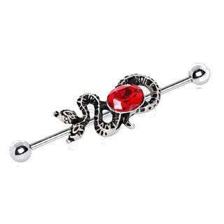 316L Stainless Steel Two-Headed Snake With Ruby Red CZ Industrial Barbell