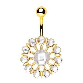 Gold Plated Checkerboard Cut CZ Flower Navel Ring