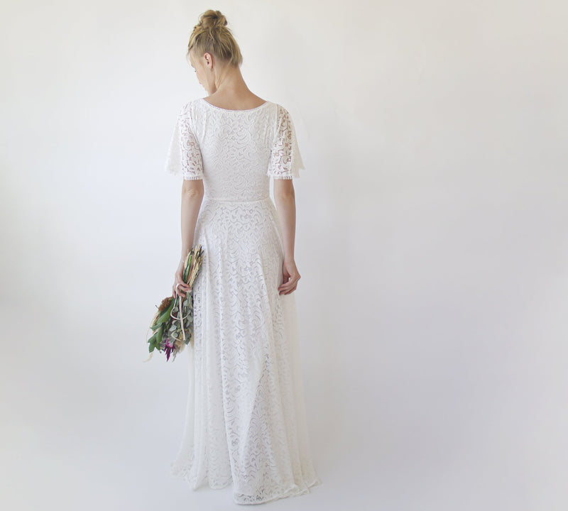 Bohemian Butterfly Sleeves , Modest Ivory Wedding Dress With Pockets #1318