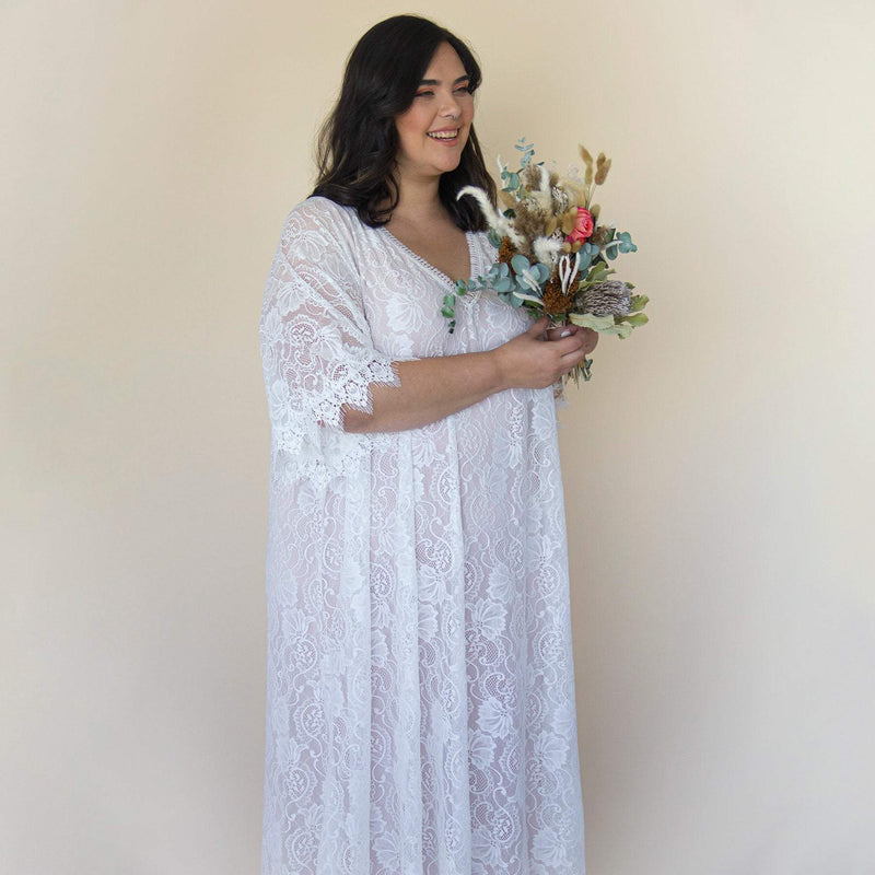 Curvy  Lace Blushed Ivory Bridal Kaftan ,Bat Sleeves Lace Wedding Dress #1312