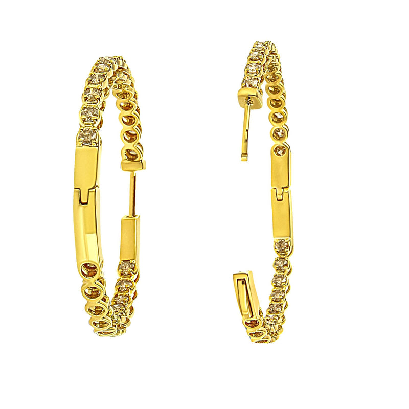 10K Yellow Gold Plated .925 Sterling Silver 3.00 Cttw Round Stone Champagne Diamond Inside-Out Hoop Earrings (Champagne