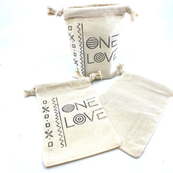Hand Stamped, One Love, Cotton Drawstring Pouches 4" X 6"