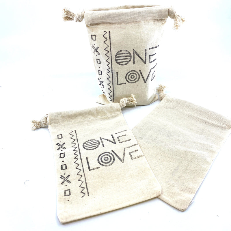 Hand Stamped, One Love, Cotton Drawstring Pouches 4" X 6"