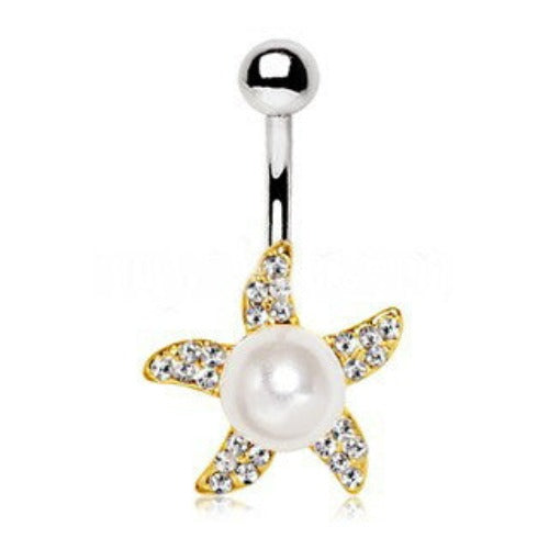 Gold Pearl Accent Starfish Navel Ring