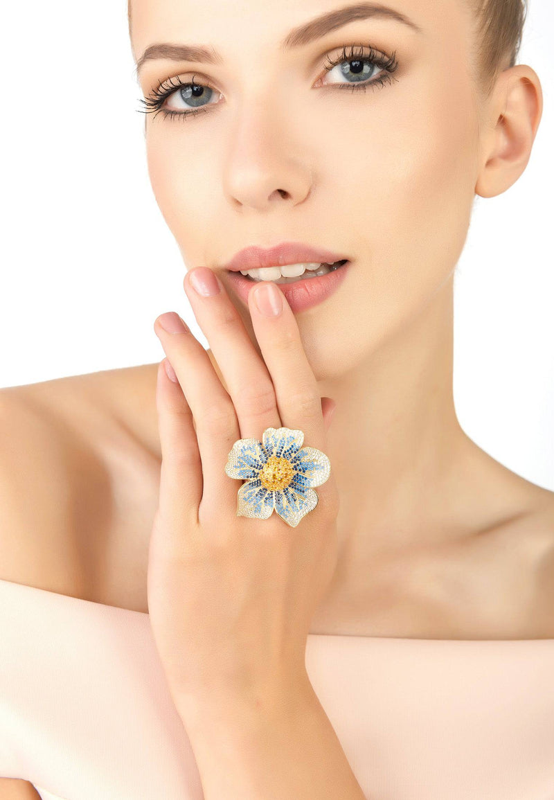 Pansy Flower Blue Ring Gold