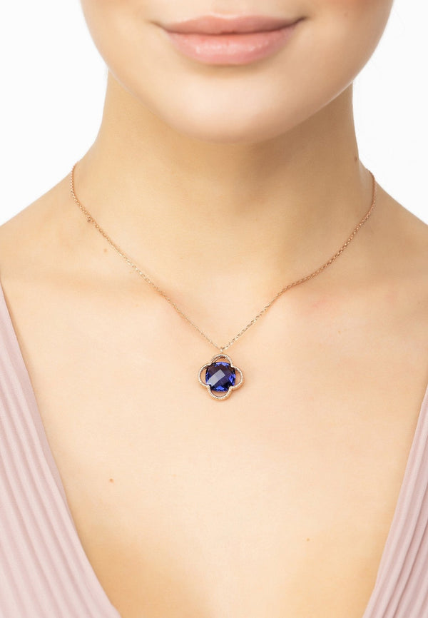 Open Clover Flower Gemstone Necklace Rosegold Amethyst