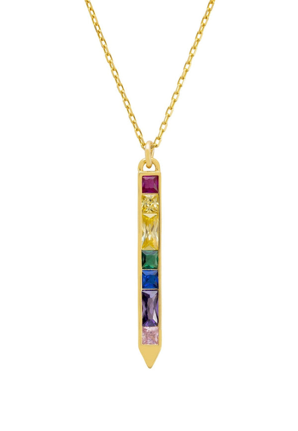 Obelisk Rainbow Baguette Pendant Necklace Gold