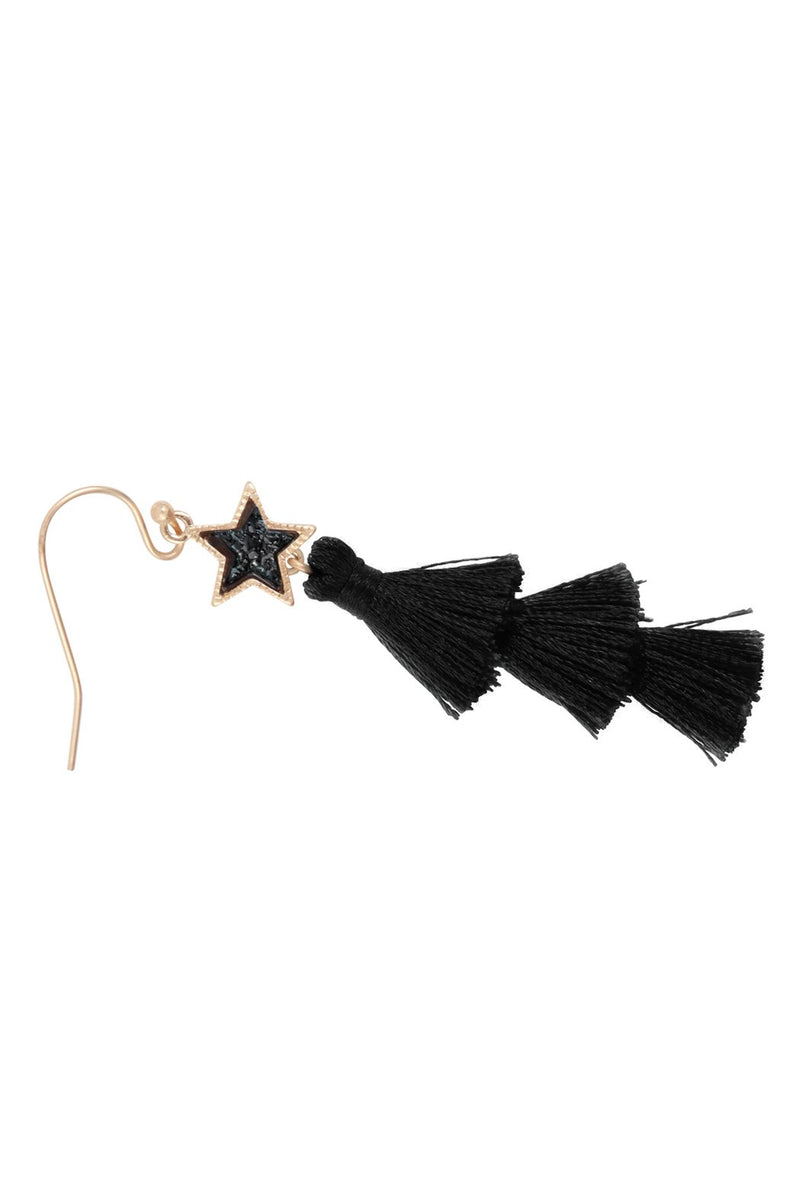 B4e2468 - 2“ Star Shape Faux Druzy With Triple Mini Tassel Hook Earrings