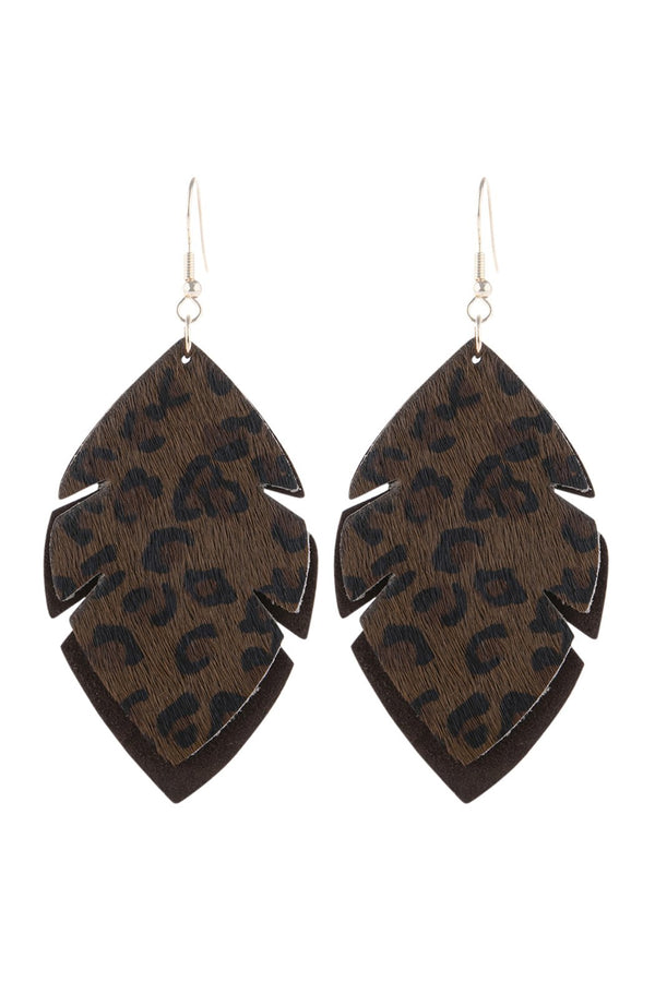 Hde3054 - Leaf Shape Leopard Leather Drop Earrings