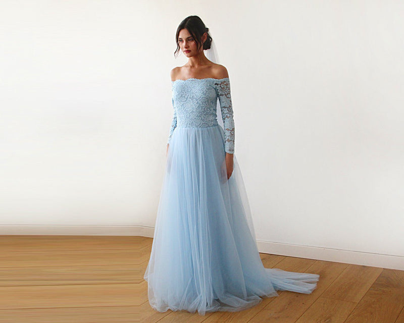 Light Blue  Off-The-Shoulder Lace and Tulle Train Wedding Gown 1162