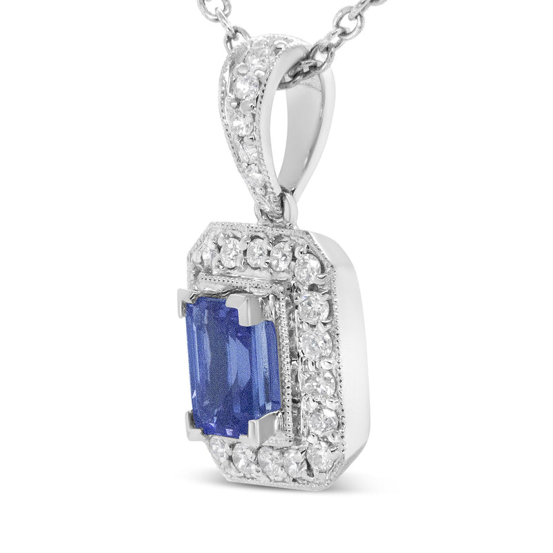 White Gold 1/4 Cttw Round Diamond & Purple Tanzanite Halo 18" Pendant Necklace