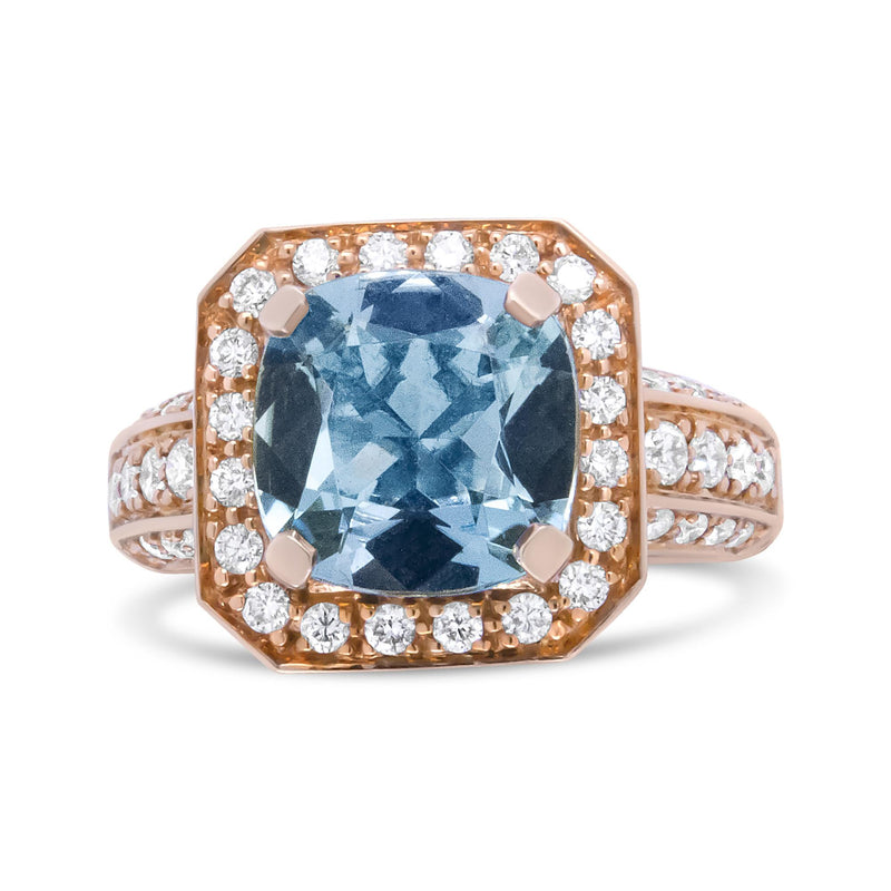 18K Rose Gold 10x10mm Cushion Shaped Aquamarine and 1 1/8 Cttw Round Diamond Halo Ring (F-G Color, VS1-VS2 Clarity) - Ri