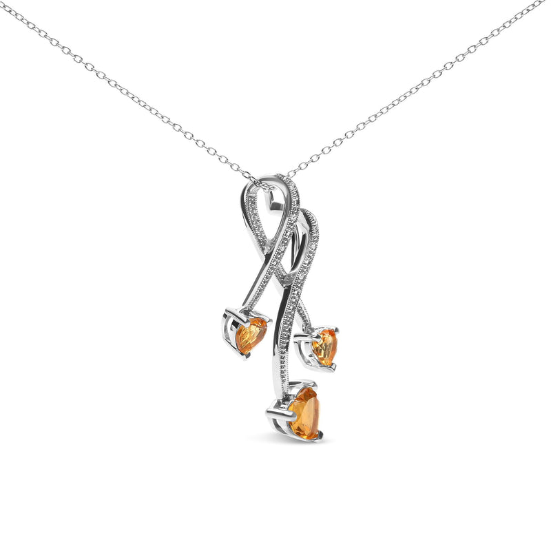 .925 Sterling Silver 3-Stone Heart Shape Citrine and Diamond Accent Spiral Drop 18" Pendant Necklace (H-I Color, SI1-SI2